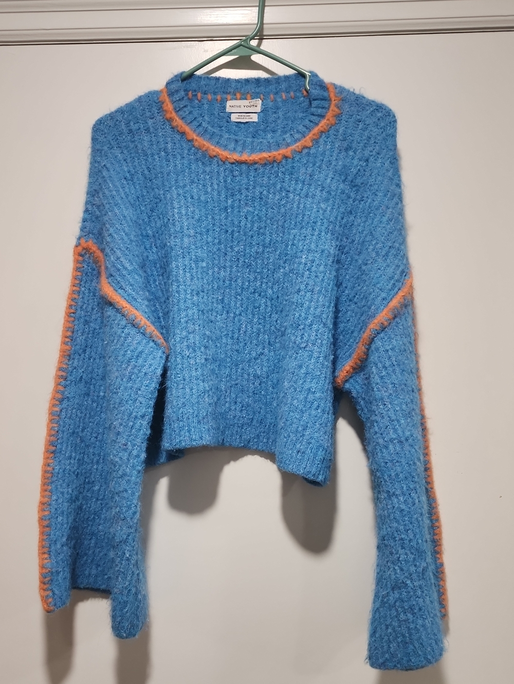 NATIVE YOUTH Blue Cropped Fuzzy Knit Sweater with Orange Trim